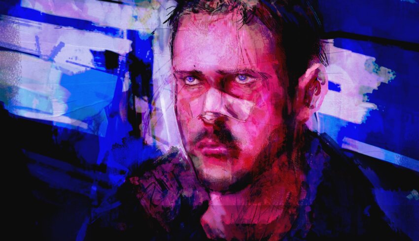 1boy bandaid bandaid_on_face black_hair black_jacket blade_runner_2049 blue_eyes commentary english_commentary facial_hair highres jacket k_(blade_runner_2049) kyezzzz male_focus mustache neon_palette scene_reference short_hair solo very_short_hair