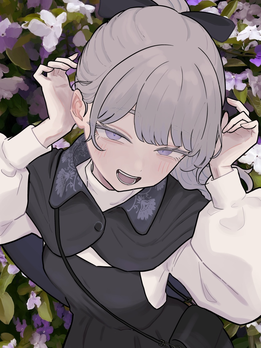 1girl absurdres arms_up bag black_bag black_bow black_shawl blush bow cropped_arms floral_background flower grey_eyes grey_hair highres lapwing_(vrchat) long_hair long_sleeves looking_at_viewer open_mouth ponytail purple_flower shawl shoulder_bag solo teeth tohu_sand tongue upper_body vrchat white_sleeve_cuffs white_sleeves