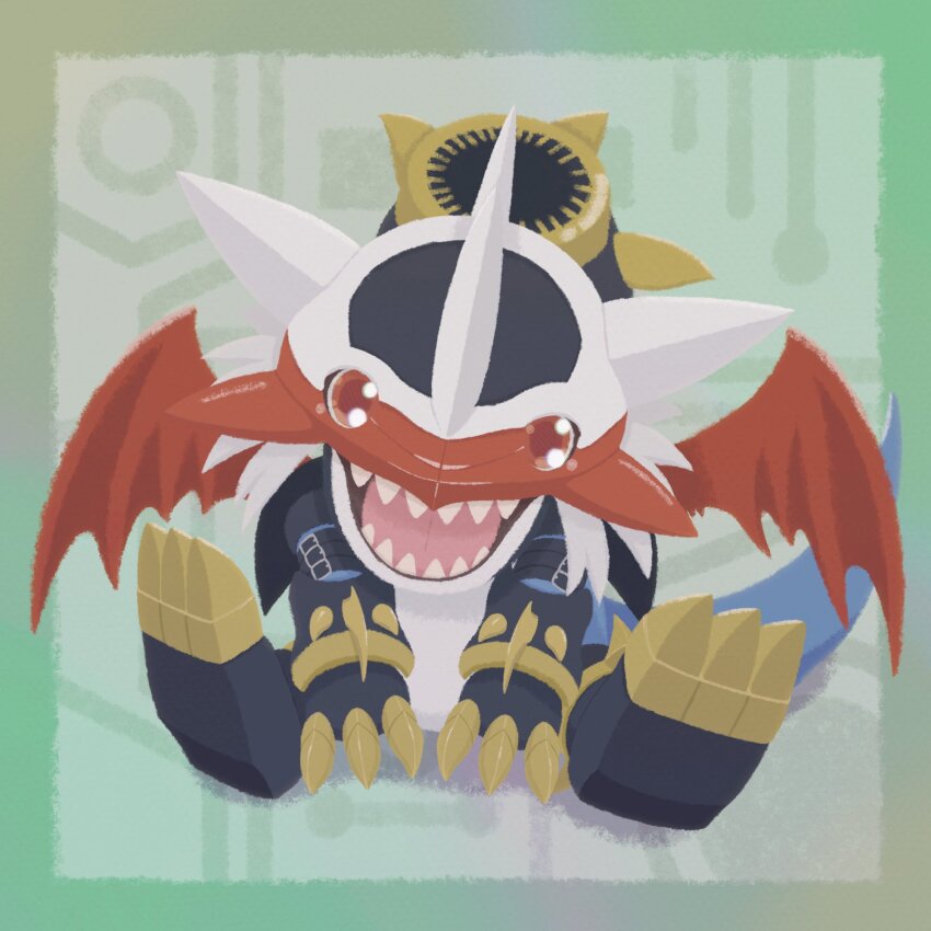 cannon digimon digimon_(creature) highres horns imperialdramon imperialdramon_dragon_mode looking_at_viewer red_eyes sharp_teeth tail teeth