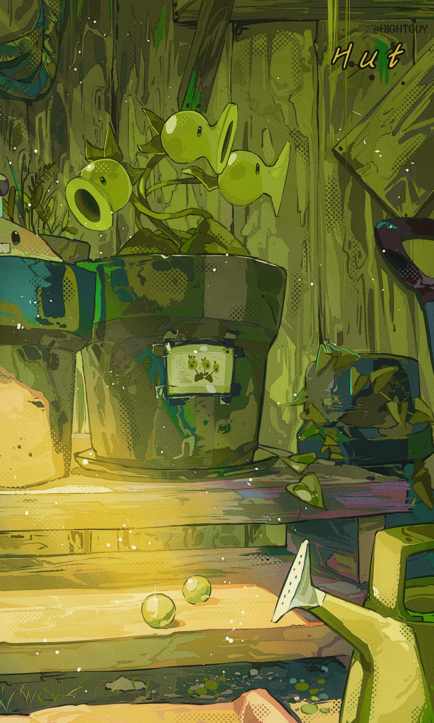 black_eyes chinese_commentary commentary_request film_grain flower_pot green_theme halftone highres hightguy leaf light_particles looking_to_the_side no_humans plants_vs._zombies potato_mine_(plants_vs._zombies) shovel solid_oval_eyes sunlight sweet_pea threepeater_(plants_vs._zombies) twitter_username watering_can wooden_stairs wooden_wall