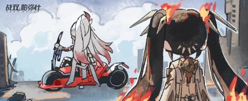 2girls alpha_(pgr) black_hair cloud cloudy_sky crossover devil_may_cry_(series) devil_may_cry_5 fire hair_ornament holding holding_sword holding_weapon logo long_hair lucia:_crimson_weave_(pgr) lucia:_pyroath_(pgr) lucia_(pgr) motor_vehicle motorcycle multiple_girls official_art on_motorcycle outdoors ponytail punishing:_gray_raven red_streaks ruins sitting sky sword twintails very_long_hair weapon white_hair