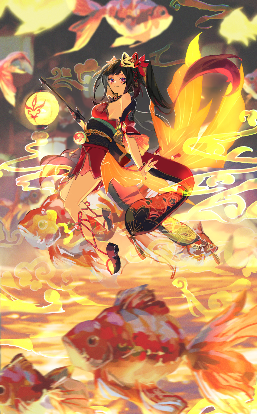 1girl absurdres bare_shoulders bell black_choker black_gloves black_hair black_sandals black_sash breasts choker detached_sleeves dress floating fox_mask from_side full_body gloves highres holding honkai:_star_rail honkai_(series) japanese_clothes kimono koi long_hair looking_at_viewer mark_under_both_eyes mask mask_on_head medium_breasts mochi_upamo multicolored_hair neck_bell obi pink_eyes red_dress red_nails red_sleeves sandals sash shoes short_kimono single_glove smile solo sparkle_(honkai:_star_rail) thigh_strap twintails