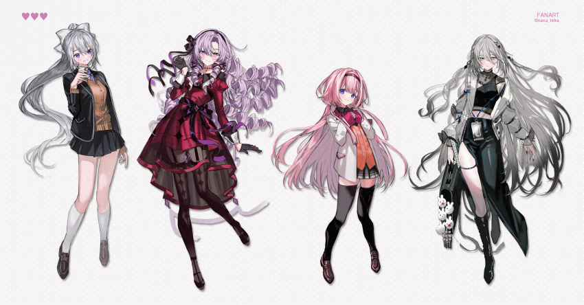 4girls absurdres black_gloves black_hairband black_jacket black_skirt black_thighhighs blazer boots bow brown_cardigan cardigan commentary_request crop_top dress drill_hair gloves gradient_hair grey_hair hair_bow hairband half_gloves heart highres higuchi_kaede higuchi_kaede_(1st_costume) hyakumantenbara_salome hyakumantenbara_salome_(1st_costume) jacket loafers long_hair low_twintails multicolored_hair multiple_girls nana_tetra nijisanji open_clothes open_jacket orange_cardigan parted_bangs pink_hair pleated_skirt purple_eyes purple_hair red_dress shoes side_slit skirt smile socks sophia_valentine sophia_valentine_(1st_costume) suo_sango suo_sango_(1st_costume) thigh_strap thighhighs twintails virtual_youtuber white_bow white_jacket white_socks