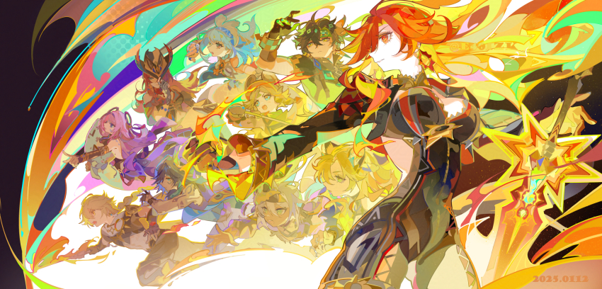 3boys 6+girls a_thousand_blazing_suns_(genshin_impact) aether_(genshin_impact) ahoge animal_ears biker_clothes bikesuit black_bodysuit black_gloves blonde_hair bodysuit braid breasts chasca_(genshin_impact) chinchilla_ears chinchilla_girl citlali_(genshin_impact) earrings ezu_(e104mjd) facial_mark genshin_impact gloves green_eyes green_headband hair_between_eyes headband highres iansan_(genshin_impact) jewelry kachina_(genshin_impact) kinich_(genshin_impact) long_hair long_sleeves mavuika_(genshin_impact) mualani_(genshin_impact) multicolored_hair multiple_boys multiple_girls open_mouth orange_hair ororon_(genshin_impact) pink_hair pointy_ears red_hair sun_earrings symbol_in_eye two-tone_hair very_long_hair xilonen_(genshin_impact)