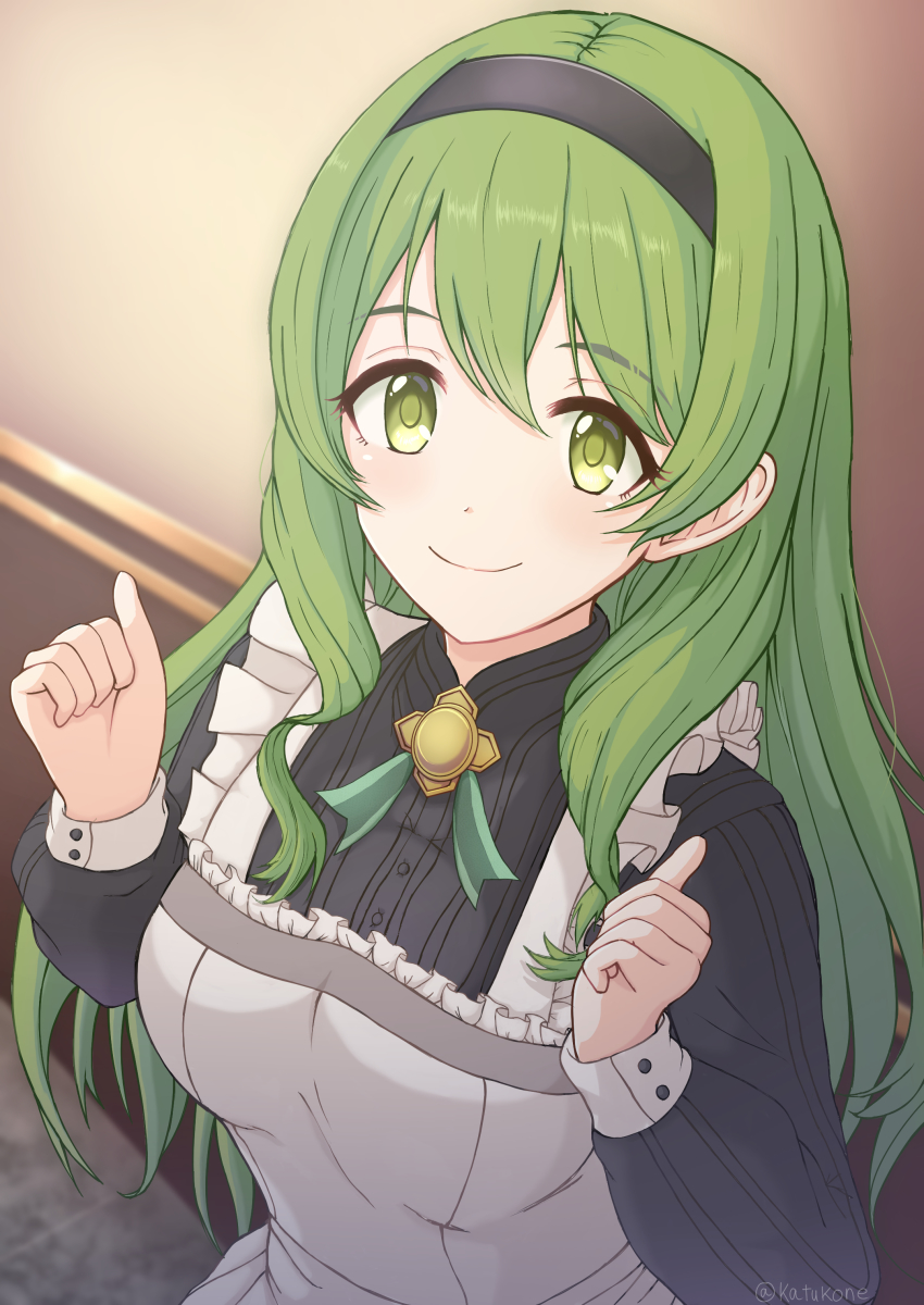 1girl absurdres apron black_hairband breasts dress green_eyes green_hair hairband highres interior karin_(princess_connect!) katsuragi_(katukone) large_breasts long_hair princess_connect! smile solo tagme