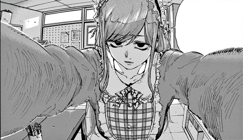 1girl apron arms_up black_eyeshadow checkered_apron checkered_clothes closed_mouth dress echigo_lira eyeshadow greyscale highres long_sleeves looking_at_viewer maid_apron maid_headdress makeup manga_page monochrome non-web_source serious solo yofukashi_no_uta