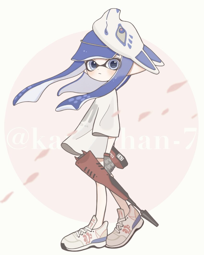 1girl blue_eyes blue_hair blunt_bangs commentary_request cross-laced_footwear dualie_squelchers_(splatoon) falling_petals fox_mask full_body highres inkling inkling_girl inkling_player_character long_hair looking_at_viewer mask nintendo osakanagumi11 petals pointy_ears print_shirt shirt shoes solo splatoon_(series) splatoon_3 standing t-shirt tentacle_hair unworn_mask white_shirt white_shoes