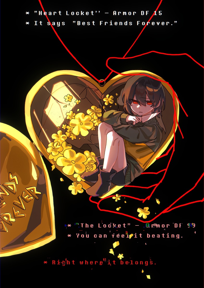 1other absurdres black_boots black_shorts boots brown_hair chara_(undertale) chinese_commentary choco_rabbitt commentary english_text flower green_sweater hair_between_eyes heart heart_necklace highres holding holding_knife jewelry knees_up knife locket necklace other_focus pendant red_eyes short_hair shorts sitting solo stats striped_clothes striped_sweater sweater undertale yellow_flower