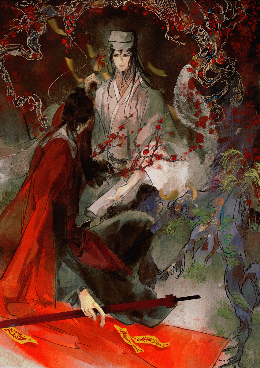 2boys absurdres artist_request black_eyes black_hair black_hat branch chinese_clothes chinese_commentary closed_mouth commission dao_gui_yi_xian facing_away faux_traditional_media flower grass hair_bun hanfu hat highres holding holding_another&#039;s_wrist holding_sword holding_weapon ink_wash_painting jin_(headwear) li_huowang long_hair long_sleeves male_focus multiple_boys ofuda plum_blossoms red_flower red_hanfu reeds robe rock second-party_source single_hair_bun sitting smoke sword talisman weapon white_hanfu wide_sleeves yaoi zhongguo_hua zhouzi_jin_(headwear) zhuge_yuan