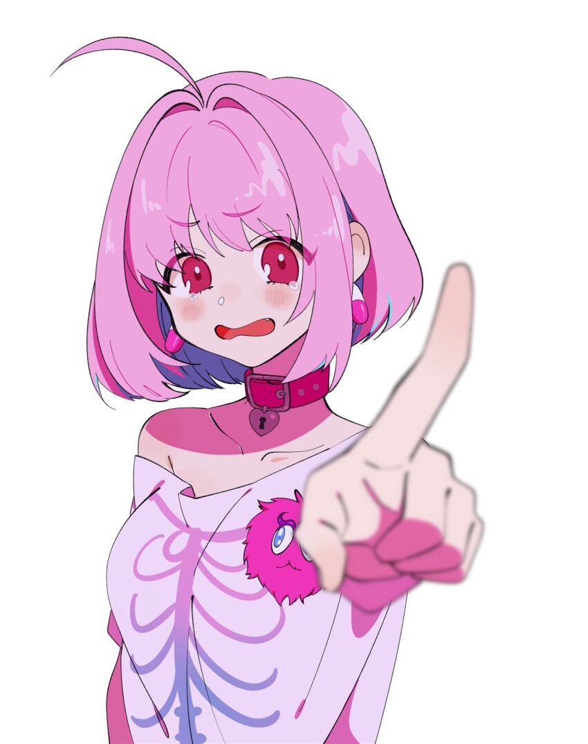 1girl ahoge aqua_hair belt_collar blush breasts collar collarbone commentary_request earrings fang hair_intakes hand_up heart_collar highres idolmaster idolmaster_cinderella_girls jewelry keyhole looking_at_viewer multicolored_hair na09tu off_shoulder open_mouth pill_earrings pink_collar pink_eyes pink_hair pointing pointing_at_viewer shirt short_hair simple_background single_bare_shoulder skeleton_print solo tears two-tone_hair upper_body white_background white_shirt yumemi_riamu