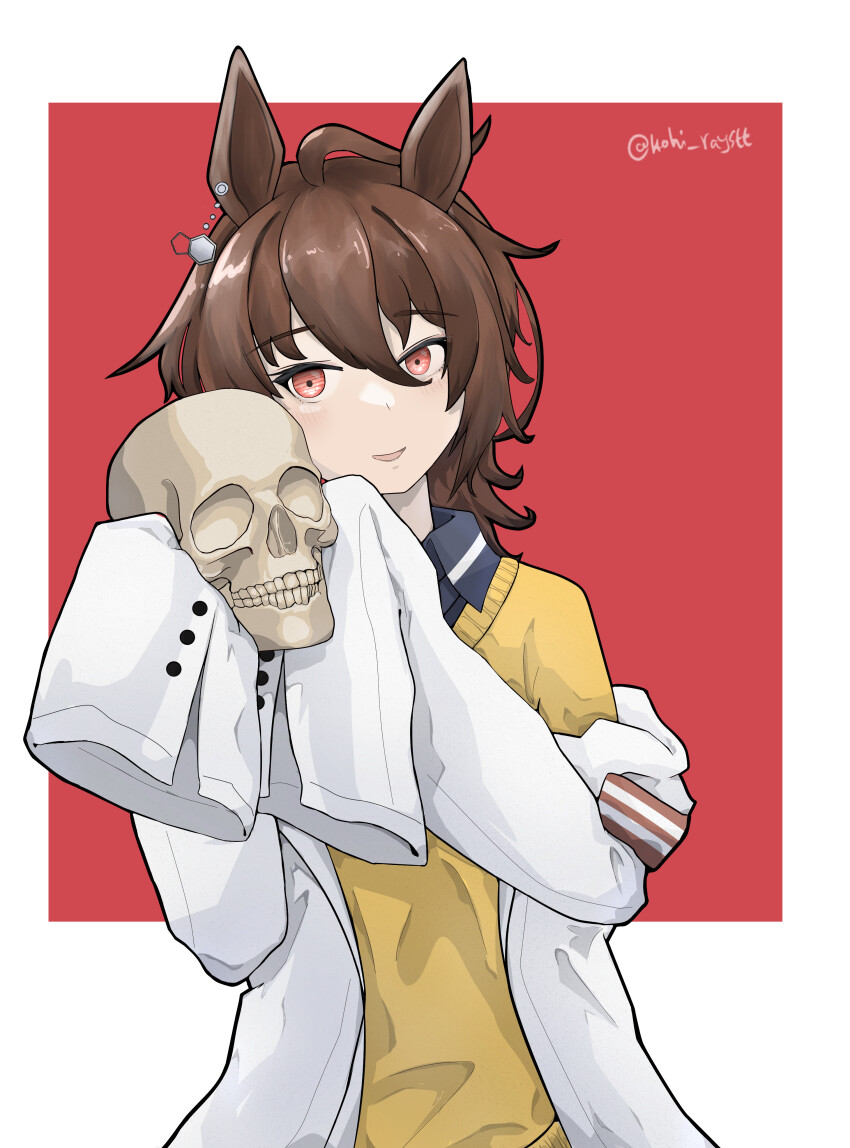 1girl absurdres agnes_tachyon_(umamusume) ahoge animal_ears brown_hair coat collared_shirt earrings hair_between_eyes highres holding horse_ears horse_girl jewelry koruhiraystt lab_coat long_sleeves looking_at_viewer messy_hair open_clothes open_coat red_eyes shirt short_hair single_earring single_off_shoulder skull sleeves_past_fingers sleeves_past_wrists smile solo sweater umamusume white_coat wolf_cut yellow_sweater