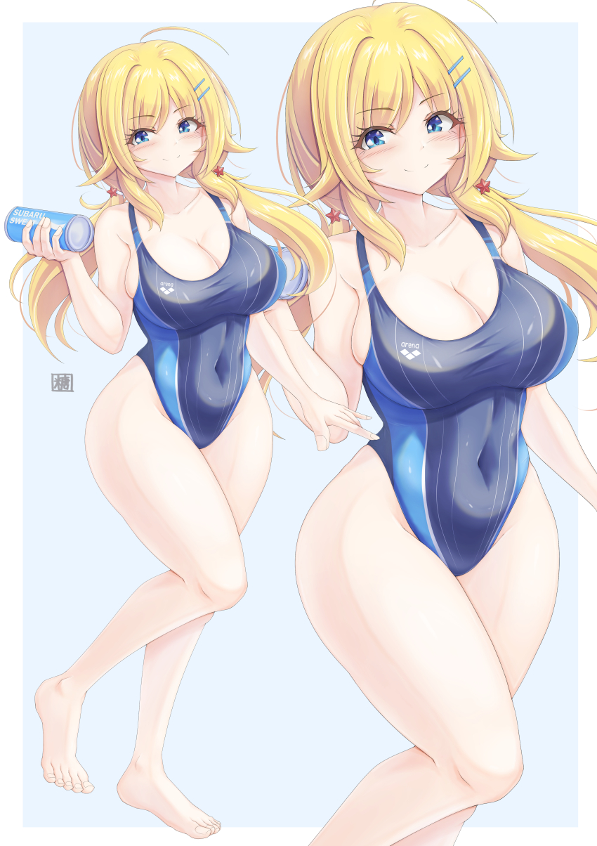 1girl absurdres ahoge barefoot blonde_hair blue_eyes blue_one-piece_swimsuit breasts can competition_swimsuit covered_navel cowboy_shot drink_can full_body hachimiya_meguru hair_flaps hair_ornament hairclip highleg highleg_one-piece_swimsuit highres idolmaster idolmaster_shiny_colors large_breasts long_hair looking_at_viewer multiple_views one-piece_swimsuit smile swimsuit tong_shui two-tone_swimsuit