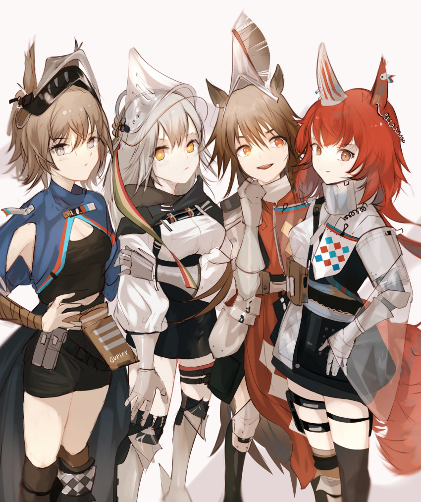 4girls absurdres animal_ears arknights armor unworn_armor armored_boots artist_name ashlock_(arknights) ashlock_(elite_ii)_(arknights) bird_girl black_shirt black_skirt blue_jacket boots breasts brown_hair cleavage cleavage_cutout clothing_cutout commentary_request dress ear_covers ear_tag earpiece fartooth_(arknights) feet_out_of_frame flametail_(arknights) gauntlets gloves grey_eyes grey_hair gupipy hair_between_eyes hand_on_own_hip helmet highres horse_ears horse_girl jacket kneehighs knight looking_at_viewer multiple_girls open_mouth orange_dress orange_eyes red_hair shirt short_hair simple_background skirt small_breasts socks squirrel_ears squirrel_girl squirrel_tail standing tail thigh_strap thighhighs visor_(armor) visor_lift white_background white_shirt wild_mane_(arknights) yellow_eyes