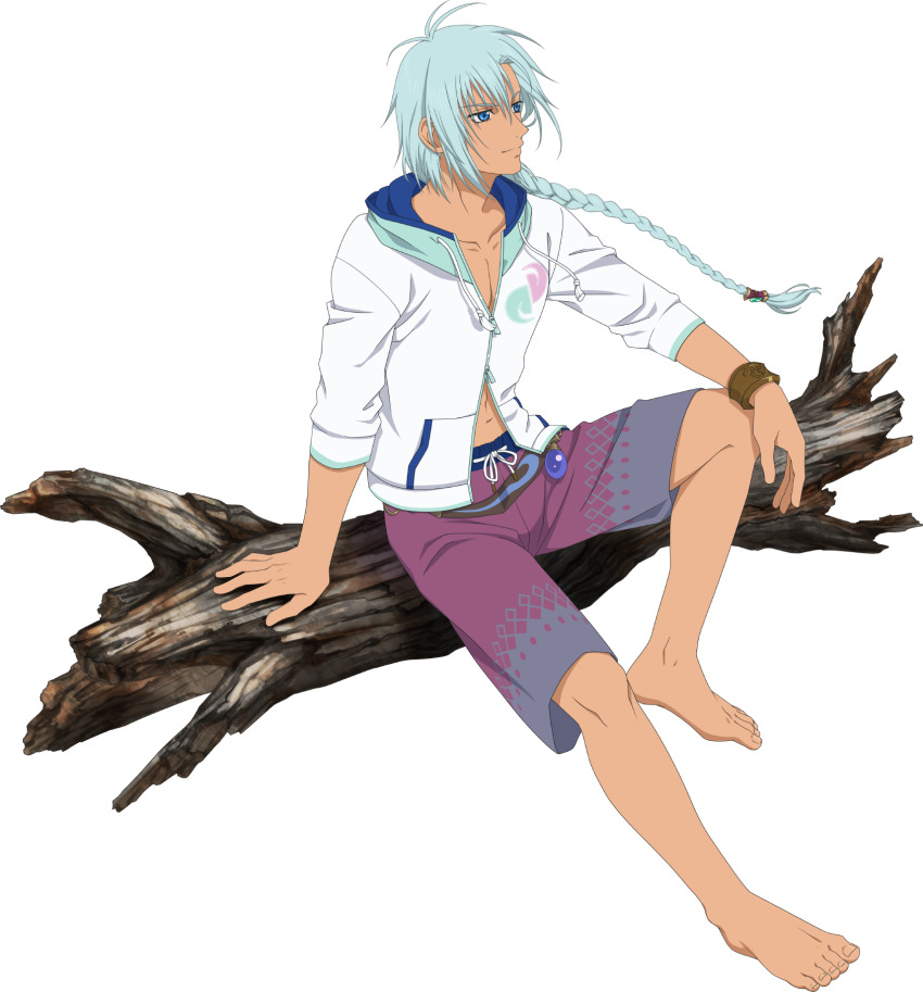 1boy aqua_hair artist_request barefoot blue_eyes braid commentary drawstring english_commentary feet hair_between_eyes highres hood hoodie legs log long_hair male_focus male_swimwear official_art purple_male_swimwear purple_swim_trunks shirt simple_background sitting solo swim_trunks swimsuit tales_of_(series) tales_of_asteria tales_of_rebirth toenails toes transparent_background veigue_lungberg white_background white_hoodie
