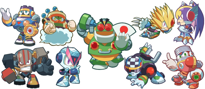 6+boys android auto_(mega_man) brown_eyes burst_man capcom chibi cloud_man folding_fan freeze_man full_body hand_fan holding japanese_flag junk_man kin_niku looking_at_viewer male_focus mega_man:_powered_up mega_man_(classic) mega_man_(series) mega_man_7 multiple_boys red_eyes robot shade_man simple_background slash_man spring_man turbo_man white_background