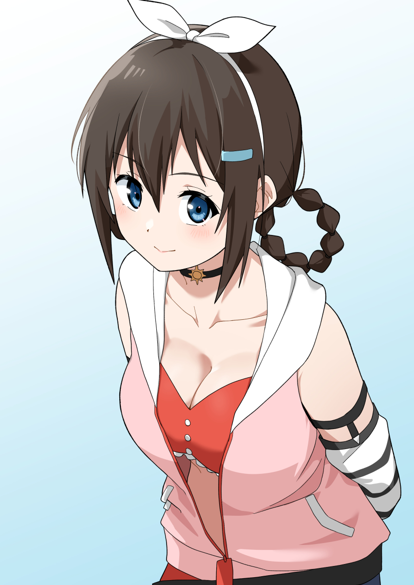 1girl absurdres bikini black_choker blue_eyes blush bow_hairband breasts brown_hair choker cleavage closed_mouth collarbone commentary_request gradient_background hairband highres hood hood_down hooded_jacket jacket looking_at_viewer love_live! love_live!_nijigasaki_high_school_idol_club love_live!_nijigasaki_high_school_idol_club_the_movie_-_finale medium_breasts official_alternate_costume official_alternate_hairstyle ohrinas osaka_shizuku pink_jacket red_bikini smile solo swimsuit unzipped upper_body white_hairband