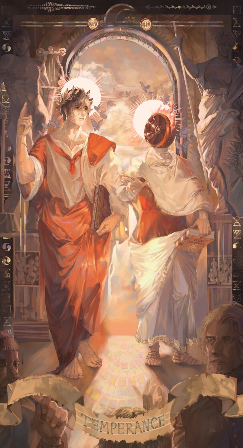 1other 3boys ancient_greek_clothes arch backlighting blue_butterfly book bug butterfly clock dante_(limbus_company) earrings fine_art_parody fire greco-roman_clothes grey_hair hand_up headband highres holding holding_book holding_weapon insect jewelry limbus_company looking_at_another multiple_boys o_zpne object_head parody project_moon red_eyes statue tarot temperance_(tarot) the_school_of_athens vergilius_(project_moon) weapon