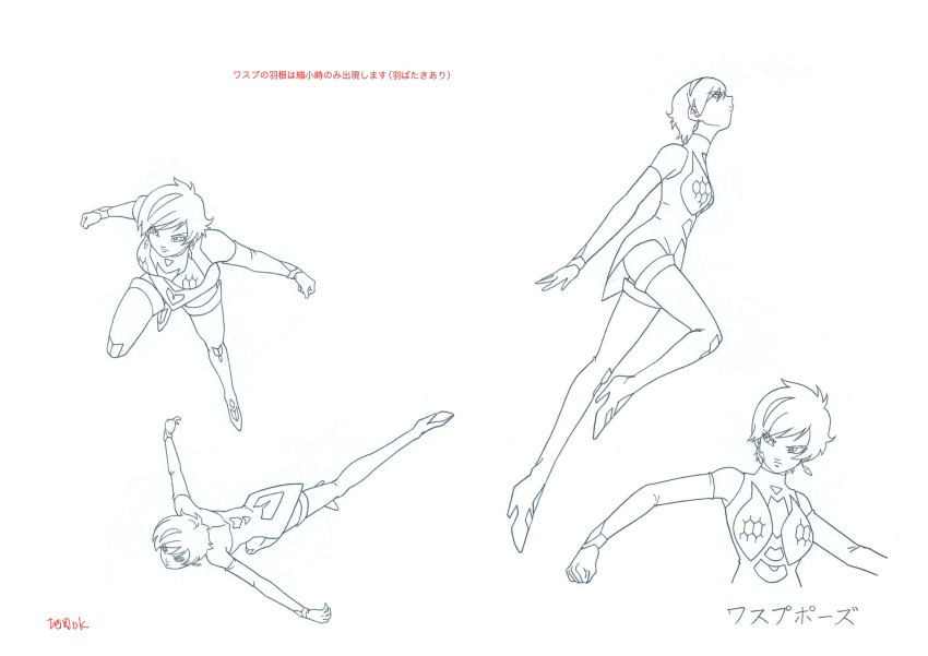 1girl absurdres armor avengers_(series) breasts reference_sheet collarbone disk_wars_avengers fingerless_gloves flying full_body gloves highres janet_van_dyne looking_at_viewer marvel medium_breasts monochrome multiple_views official_art short_hair thighs wasp_(marvel)