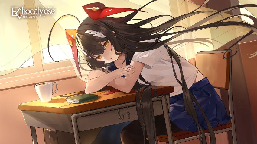1girl akira_(echocalypse) amagasa_yun bag bird_mask black_bag black_hair black_pantyhose blue_sailor_collar blue_skirt book coffee_mug crossed_arms cup curtains desk echocalypse hair_ornament hair_spread_out highres logo long_hair mask mask_on_head mug official_art on_chair pantyhose sailor_collar school_bag school_desk school_uniform second-party_source shirt sitting skirt solo very_long_hair white_shirt window yellow_eyes