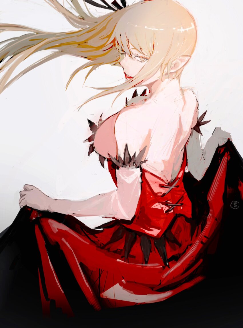1girl bare_back bare_shoulders blonde_hair breasts dress elbow_gloves feather-trimmed_dress feather-trimmed_gloves feather_trim from_behind gloves hair_ribbon highres kiss-shot_acerola-orion_heart-under-blade kizumonogatari large_breasts long_hair looking_at_viewer monogatari_(series) oshino_shinobu pointy_ears red_dress redrawn ribbon signature simple_background skirt_hold solo strapless taki_(a313131333) vampire very_long_hair white_background white_gloves yellow_eyes