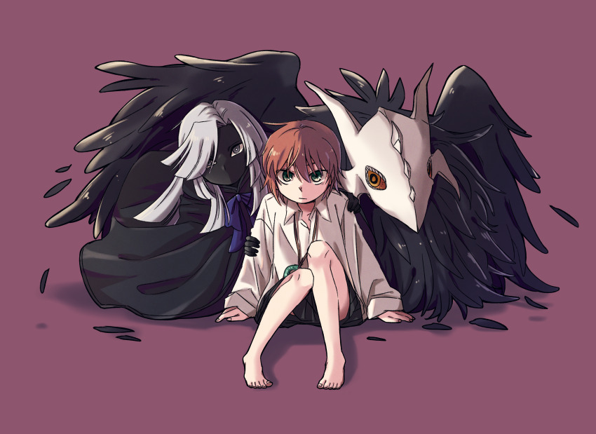 1boy 1girl :| absurdres barefoot black_skin black_skirt blue_bow blue_bowtie bow bowtie closed_mouth collared_shirt colored_skin creature delfuze elias_ainsworth green_eyes grey_hair hatori_chise highres jewelry joseph_cartaphilus long_hair long_sleeves looking_at_viewer mahou_tsukai_no_yome miniskirt necklace pink_background red_hair shirt short_hair simple_background skirt white_shirt wing_collar