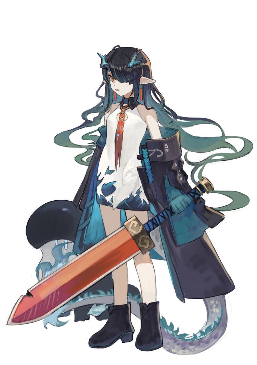 1girl absurdres aged_down arknights bitey_(arknights) black_coat black_footwear black_hair coat colored_skin commentary_request dragon_girl dragon_horns dragon_tail dress dusk_(arknights) earrings gradient_hair green_hair green_skin hair_over_one_eye highres holding holding_sword holding_weapon horns huge_weapon jewelry long_hair multicolored_hair necktie off_shoulder parted_lips pointy_ears red_eyes red_necktie simple_background sleeveless sleeveless_dress slit_pupils solo sword tail tassel tassel_earrings weapon white_background white_dress yomotobi