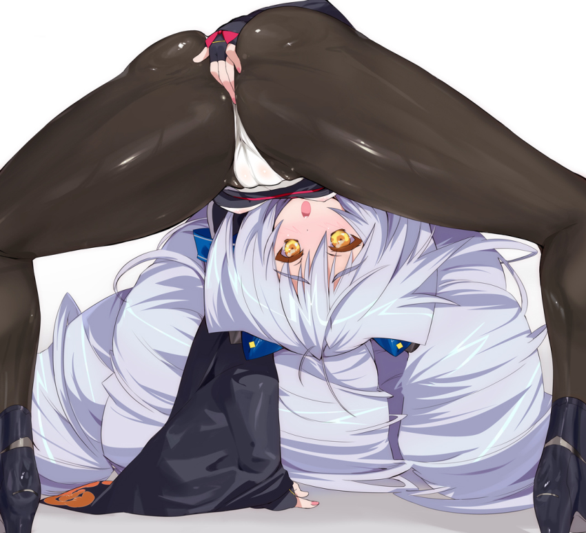 1girl :o arm_support ass bend bent_over big_hair black_pantyhose blush drill_hair female_focus female_masturbation fingering fingering_through_clothes fingerless_gloves flexible gloves kusaka_souji kyoukaisenjou_no_horizon legs long_hair masturbation nate_mitotsudaira open_mouth pantyhose presenting silver_hair simple_background solo spread_legs through_clothes upside-down very_long_hair yellow_eyes