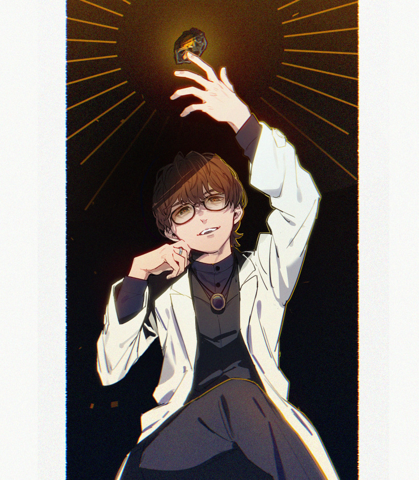 1boy aam09212 brown_hair coat glasses highres jewelry kamen_rider kamen_rider_gavv_(series) lab_coat long_sleeves male_focus open_clothes open_coat ring short_hair smile solo suga_kenzo white_coat