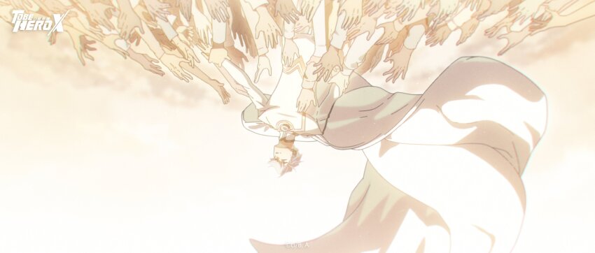 1boy 6+others absurdres bodysuit brooch cape chinese_commentary closed_eyes commentary_request copyright_logo curtained_hair gold_trim highres jewelry logo multiple_others nice_(to_be_hero_x) official_art outstretched_arms reaching reaching_towards_another short_hair solo_focus to_be_hero to_be_hero_x too_many_hands upside-down white_bodysuit white_cape white_hair