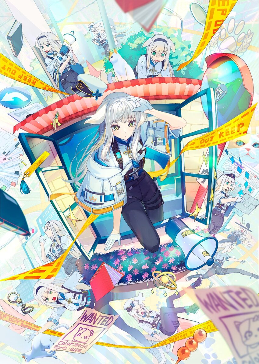 &gt;_&lt; 1girl :o @_@ animal_ears awning bandaid baton_(weapon) belt black_hairband blonde_hair blue_belt blue_pantyhose blue_shoes blue_shorts blurry blurry_foreground blush book bookmark building bush capelet cat caution_tape chest_harness city colored_inner_hair commentary_request crossed_bandaids crotch_seam crying crying_with_eyes_open cuffs dango dog_ears dog_girl dog_tail flower food gloves gradient_hair green_eyes grey_hair hairband half_gloves hand_up handcuffs harness hat hat_loss hiding high-waist_shorts highres holding holding_map holding_megaphone holster id_card in_the_face kagawa_ichigo lamppost leaf leaf_on_head leg_up long_hair looking_at_viewer looking_to_the_side map megaphone mitarashi_dango multicolored_eyes multicolored_hair multiple_views neck_tassel nijisanji open_mouth open_window orange_ribbon outstretched_arm pantyhose pantyhose_under_shorts paper paper_stack parted_lips paw_print paw_shoes peaked_cap pink_flower police police_hat police_uniform policewoman pouch quilted_clothes ribbon road_sign running shioriha_ruri shioriha_ruri_(1st_costume) shirt shirt_tucked_in shoes short_shorts short_sleeves shorts sidelocks sign sitting standing sweatdrop tail tassel tears thigh_holster thigh_strap traffic_cone traffic_light traffic_mirror two-sided_capelet two-tone_eyes utility_pole v-shaped_eyebrows virtual_youtuber wagashi wanted_poster wavy_mouth weapon white_capelet white_cat white_gloves white_hat white_shirt window window_box yellow_eyes