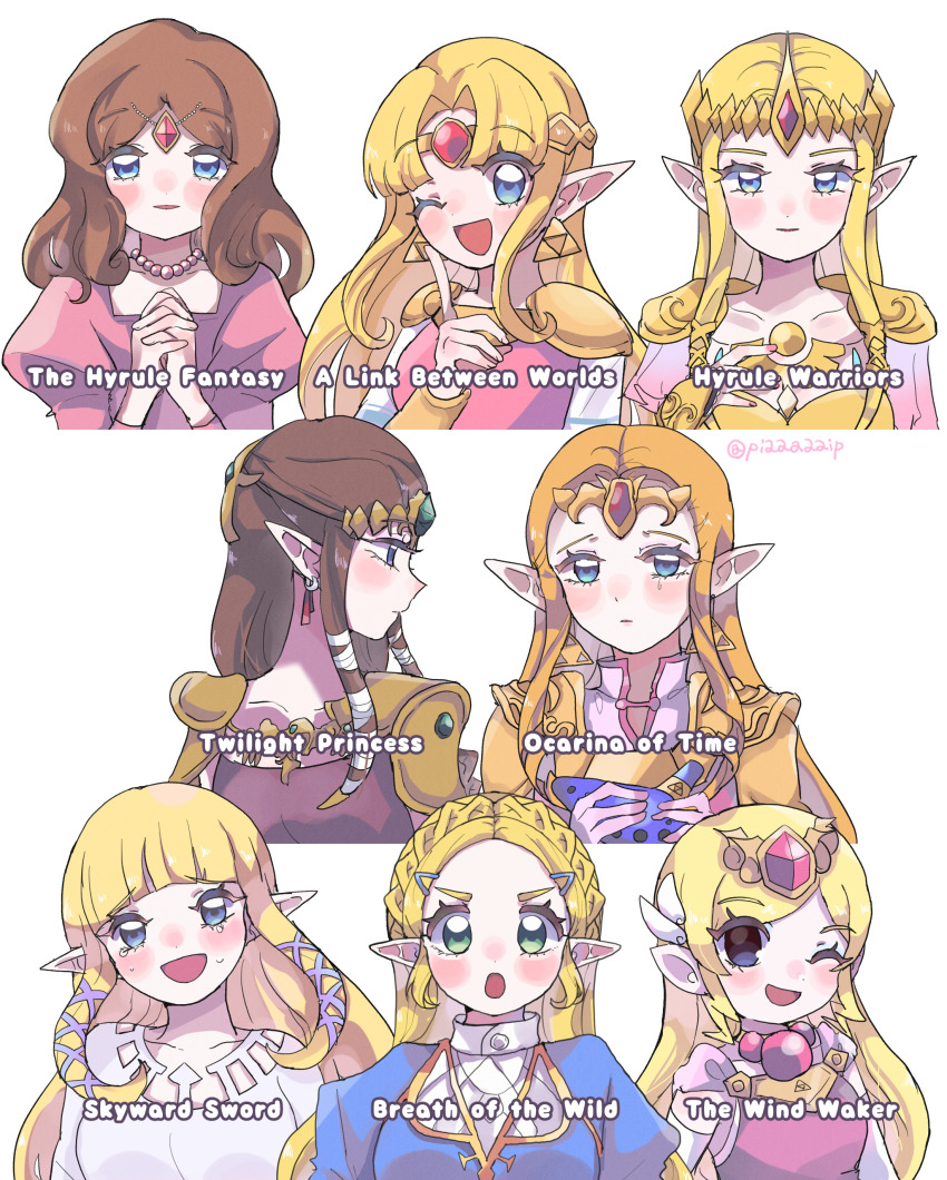6+girls ;d absurdres armor bead_necklace beads blonde_hair blue_eyes blunt_bangs blush braid brown_hair circlet closed_mouth commentary_request cropped_torso crown_braid dress earrings gem green_eyes hair_ornament hairclip highres holding holding_instrument holding_ocarina hyrule_warriors index_finger_raised instrument jewelry juliet_sleeves long_hair long_sleeves looking_at_viewer looking_to_the_side multiple_girls multiple_persona n1ku22a necklace nintendo ocarina one_eye_closed open_mouth orange_hair pink_dress pointy_ears princess_zelda puffy_sleeves purple_dress red_gemstone shoulder_armor sidelocks simple_background smile the_legend_of_zelda the_legend_of_zelda:_a_link_between_worlds the_legend_of_zelda:_breath_of_the_wild the_legend_of_zelda:_ocarina_of_time the_legend_of_zelda:_skyward_sword the_legend_of_zelda:_the_wind_waker the_legend_of_zelda:_twilight_princess the_legend_of_zelda_(nes) toon_zelda triforce twitter_username white_background white_dress