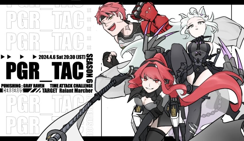 1boy 2girls animal_ears black_bodysuit black_gloves black_hairband black_thighhighs bodysuit breasts claw_(weapon) cleavage copyright_name detached_sleeves dog_tags fingerless_gloves gloves grey_eyes grey_hair grey_pants hair_intakes hairband holding holding_polearm holding_weapon long_hair mechanical_arms mechanical_spine multiple_girls n4gi5nagi no._21:_feral_scent_(pgr) no._21_(pgr) noctis_(pgr) open_mouth pants parted_lips polearm ponytail punishing:_gray_raven red_eyes red_hair scar scar_on_face scar_on_nose shirt short_hair single_mechanical_arm sleeveless sleeveless_bodysuit sleeveless_shirt teeth thighhighs upper_teeth_only vera:_garnet_(pgr) vera_(pgr) very_long_hair weapon wide_sleeves wolf_ears
