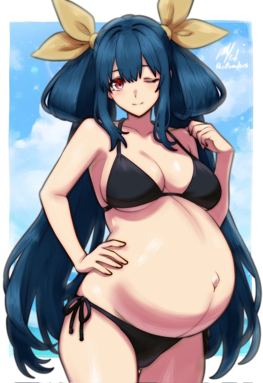 1girl bare_shoulders bikini black_bikini blue_hair blush breasts cleavage collarbone dizzy_(guilty_gear) guilty_gear hair_ribbon highres large_breasts long_hair looking_at_viewer navel one_eye_closed outie_navel pink_eyes pregnant ribbon rotomdocs side-tie signature smile solo swimsuit twintails twitter very_long_hair yellow_ribbon