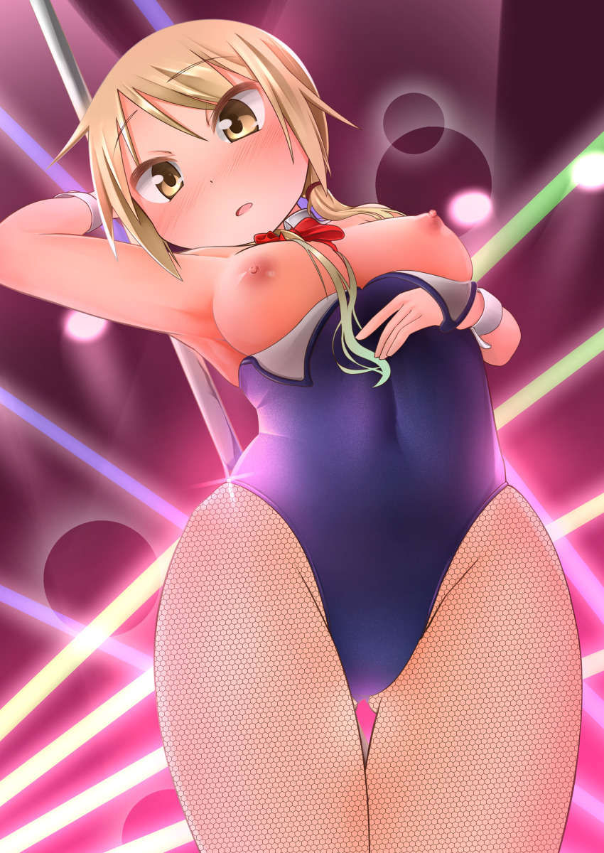1girl absurdres baaad_sima black_leotard black_pantyhose blonde_hair blush breasts breasts_out covered_navel female_focus highres ichii_yui large_breasts leotard nipples open_mouth pantyhose pole pole_dancing short_hair solo yellow_eyes yuyushiki