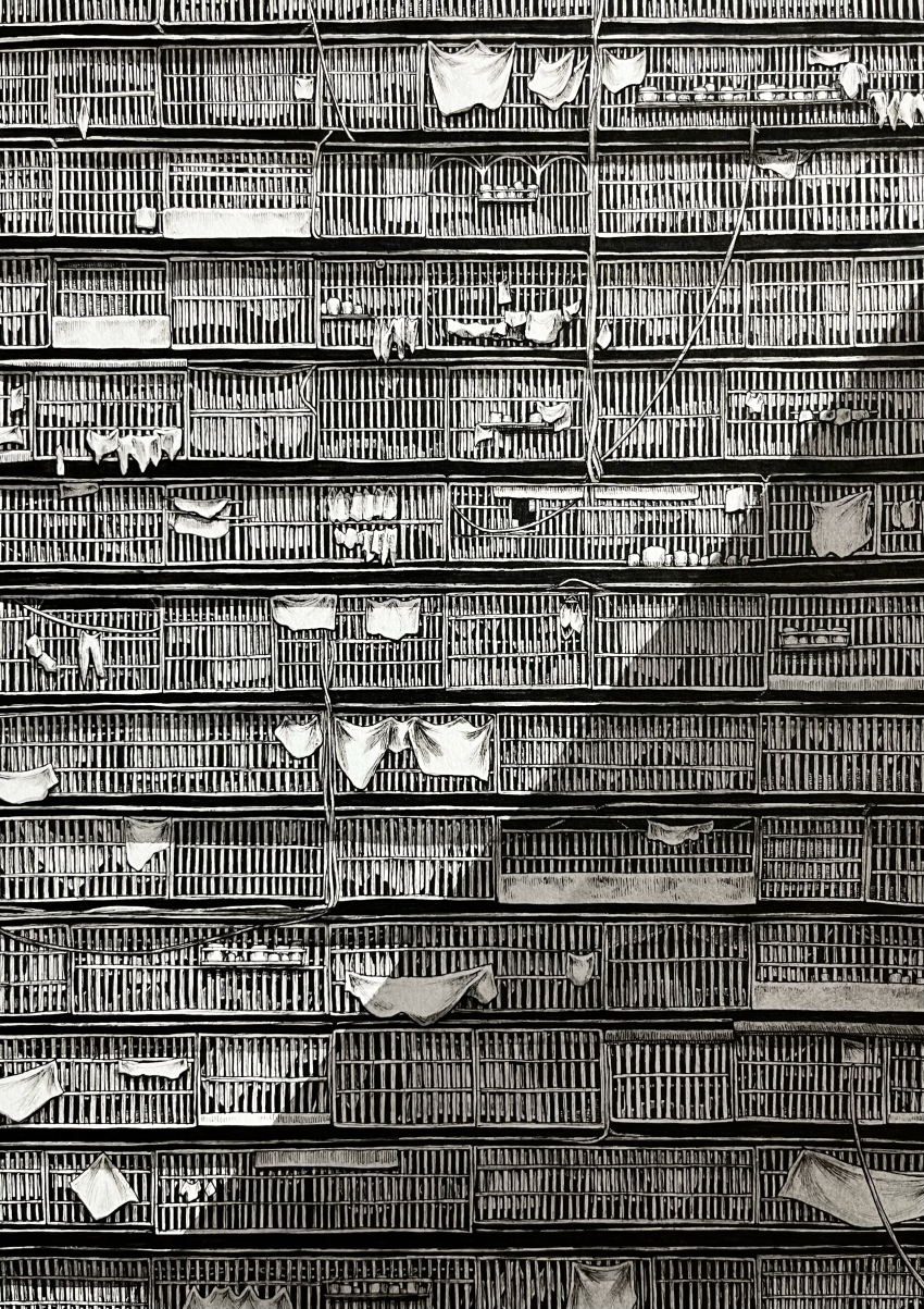 absurdres apartment barred_window bed_sheet building cage cleaning_rag commentary day highres ibsukionsen iron_bars no_humans original painting_(medium) power_lines scenery shadow sunlight traditional_media wire