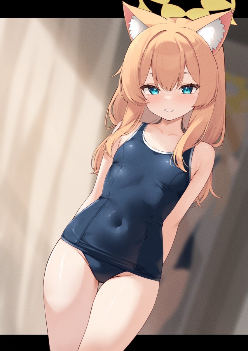 1girl alternate_costume arms_behind_back bare_shoulders black_one-piece_swimsuit blue_archive blue_eyes blush collarbone commentary covered_navel hair_between_eyes halo highres loli long_hair looking_at_viewer mari_(blue_archive) old_school_swimsuit one-piece_swimsuit orange_hair parted_lips school_swimsuit school_swimsuit_flap solo swimsuit symbol-only_commentary yellow_halo zarashi