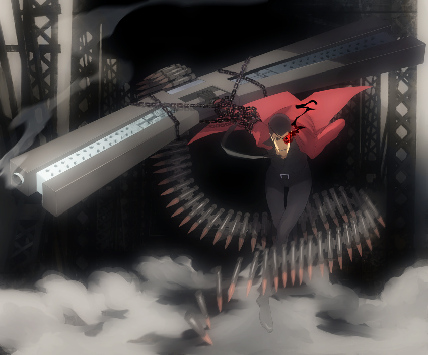 1boy arm_cannon arsene_lupin_iii bad_id bad_pixiv_id black_rock_shooter bullet chain faddawdle glowing glowing_eyes gun highres huge_weapon jacket lupin_iii male_focus parody red_jacket sideburns solo trigun weapon