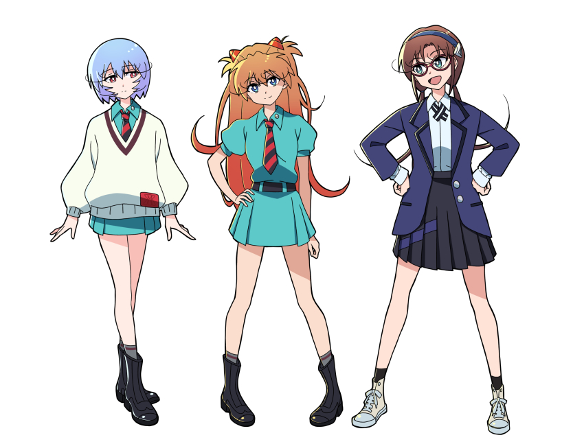 3girls :d amate_yuzuriha amate_yuzuriha_(cosplay) ankle_boots aqua_eyes aqua_shirt aqua_skirt arm_at_side arms_at_sides ayanami_rei belt black_belt black_boots black_necktie black_skirt black_socks blue_eyes blue_hair blue_hairband bolo_tie boots bright_pupils brown_hair closed_mouth collared_shirt commentary company_connection cosplay creator_connection expressionless full_body glasses grey_socks gundam gundam_gquuuuuux hair_between_eyes hairband hand_on_own_hip hands_on_own_hips head_tilt highres interface_headset_(evangelion) jacket lapels light_frown long_hair long_sleeves looking_at_another looking_at_viewer looking_to_the_side low_twintails makinami_mari_illustrious multiple_girls necktie neon_genesis_evangelion notched_lapels nyaan_(gundam_gquuuuuux) nyaan_(gundam_gquuuuuux)_(cosplay) open_clothes open_jacket open_mouth orange_hair pleated_skirt puffy_short_sleeves puffy_sleeves rebuild_of_evangelion red-framed_eyewear red_eyes red_necktie sashimi_(sasihmi) school_uniform shirt shoes short_sleeves sideways_glance simple_background skirt smile sneakers socks souryuu_asuka_langley standing striped_necktie sweater twintails two_side_up white_background white_pupils white_shirt white_sweater wing_collar yellow_shoes