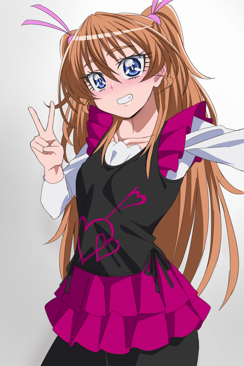 1girl absurdres black_pantyhose black_shirt blue_eyes blush brown_hair closed_mouth commentary heart heart_print highres houjou_hibiki long_hair looking_at_viewer oimanji pantyhose pink_skirt precure shirt skirt smile solo suite_precure two_side_up v white_background