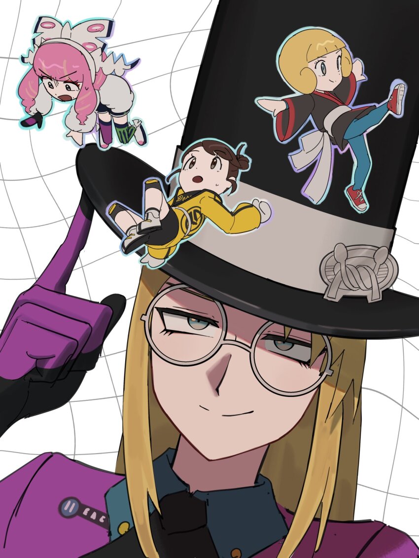 1boy 3girls adjusting_clothes adjusting_headwear ascot asymmetrical_legwear aura avery_(pokemon) black_ascot black_shirt black_shorts blonde_hair blue_pants bow brown_eyes brown_hair chibi close-up closed_mouth coat collared_shirt confused dougi drill_hair floating fur_coat fur_jacket giant glasses gloria_(pokemon) gloves greta_(pokemon) grid hair_bow hairband hat highres index_finger_raised jacket kicking klara_(pokemon) knee_pads long_hair looking_up male_focus master_dojo_uniform mismatched_legwear mole mole_under_mouth multiple_girls nintendo open_mouth pants pink_hair pokemon pokemon_emerald pokemon_masters_ex pokemon_rse pokemon_swsh purple_shirt round_eyewear sash shirt short_hair shorts single_glove smile surprised sweat sweatdrop telekinesis top_hat twin_drills umebosi_nigame white_bow white_hairband white_sash