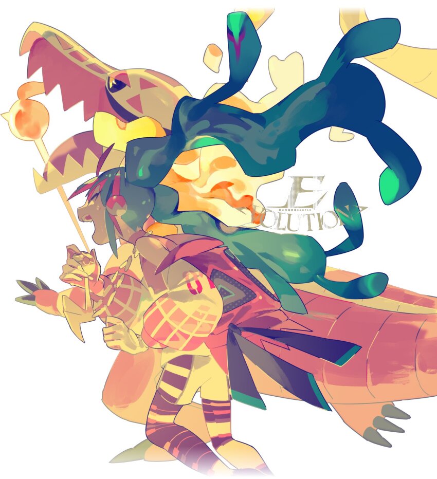 1girl blue_hair claws crocodile crocodilian e_volution fire fire_bird_(skeledirge) fire_miku_(project_voltage) from_side gloves hatsune_miku headphones highres jacket long_hair music musical_note nintendo open_clothes open_jacket open_mouth pokemon pokemon_(creature) project_voltage puffy_sleeves simple_background singing skeledirge twintails two-tone_gloves very_long_hair vocaloid white_background