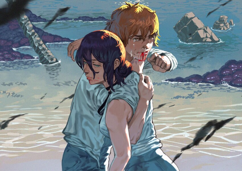 1boy 1girl after_battle beach black_choker black_ribbon blood blood_from_mouth chainsaw_man choker crying crying_with_eyes_open day denji_(chainsaw_man) green_eyes hair_between_eyes hair_bun highres lillified2 ocean orange_hair outdoors purple_hair reze_(chainsaw_man) ribbon shirt short_hair sleeveless sleeveless_shirt tears white_shirt