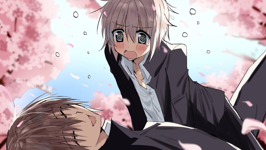 2boys @_@ black_eyes black_jacket black_pants blurry blurry_background blush brown_hair cherry_blossoms closed_eyes collared_shirt day gakuran highres jacket kasukasugom1 kusanagi_naoya laughing looking_at_another lying male_focus multiple_boys natsume_kei_(sakura_no_uta) on_back open_clothes open_jacket outdoors pants sakura_no_uta school_uniform shirt short_hair tears tree white_hair white_shirt