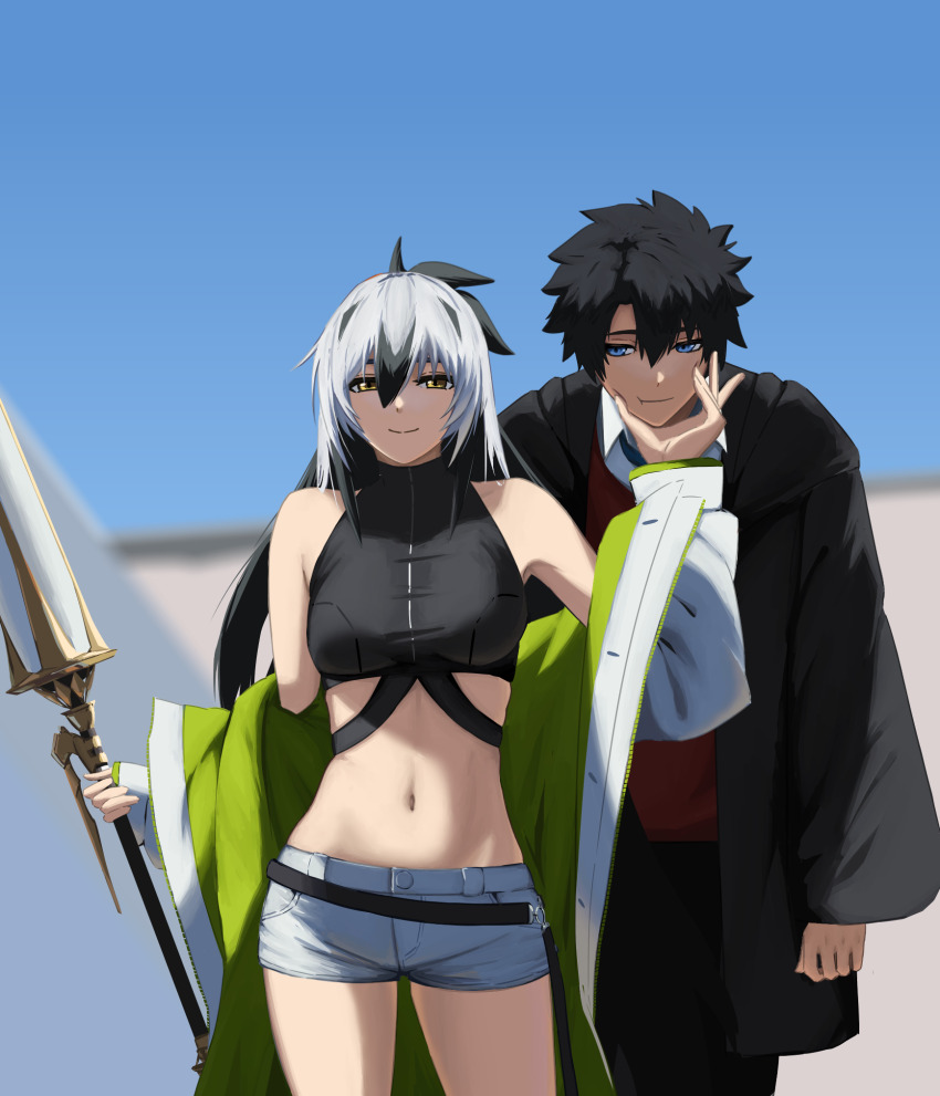 1boy 1girl bare_shoulders black_hair black_robe blue_eyes blue_necktie breasts cheek_pinching crop_top cropped_shirt fate/grand_order fate_(series) fujimaru_ritsuka_(male) fujimaru_ritsuka_(male)_(mage&#039;s_association_uniform) green_jacket hair_between_eyes highres hooded_robe jacket lance long_hair long_sleeves midriff multicolored_hair multicolored_jacket nagao_kagetora_(fate) navel necktie official_alternate_costume open_clothes paperpillar pinching polearm red_sweater robe shirt short_hair shorts sleeveless smile sweater two-tone_hair two-tone_jacket uesugi_kenshin_(fate) uesugi_kenshin_(second_ascension)_(fate) weapon white_hair white_jacket white_shorts yellow_eyes