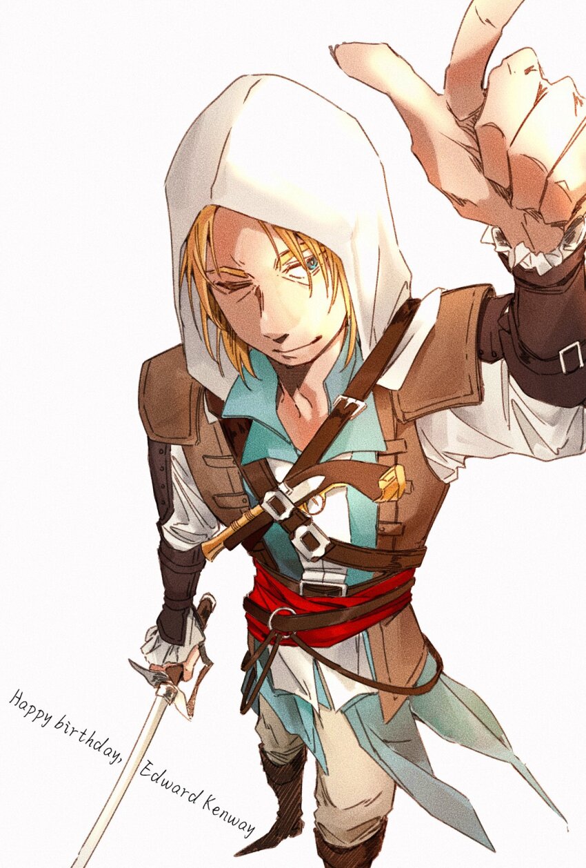 1boy antique_firearm arm_up assassin&#039;s_creed_(series) assassin&#039;s_creed_iv:_black_flag blonde_hair blue_eyes boots brown_boots character_name commentary edward_kenway english_commentary english_text firearm firelock flintlock grey_pants gun happy_birthday highres holding holding_sword holding_weapon letitiaalegria one_eye_closed pants solo sword weapon white_background white_hood