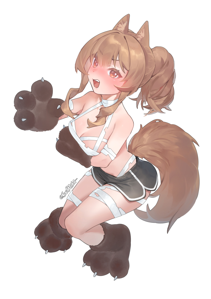 1girl absurdres alternate_hairstyle angelina_(arknights) animal_ears animal_hands arknights arm_under_breasts bandages black_shorts blush breasts brown_hair commentary dolphin_shorts embarrassed english_commentary fox_ears fox_girl fox_tail full_body gloves halterneck highres knees_together_feet_apart long_sidelocks looking_at_another medium_breasts micro_shorts mkrk_mikaerukung nose_blush paw_gloves paw_shoes pigeon-toed ponytail shorts sidelocks simple_background solo tail teeth topless_female upper_teeth_only white_background