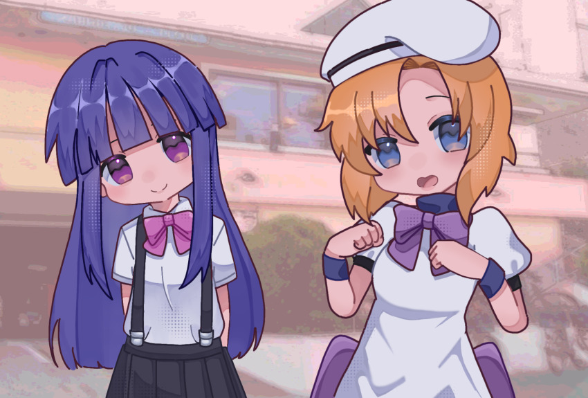 2girls arms_behind_back beret black_skirt blue_eyes blue_hair blue_wrist_cuffs blunt_bangs bow bowtie clenched_hands closed_mouth deformed dress furude_rika hat head_tilt highres higurashi_no_naku_koro_ni long_hair looking_at_viewer multiple_girls no_nose open_mouth orange_hair parted_bangs paw_pose pink_bow pink_bowtie purple_bow purple_bowtie purple_eyes ryuuguu_rena satsujin_(user_tyhr7754) shirt short_hair short_sleeves skirt smile suspender_skirt suspenders very_long_hair white_dress white_hat white_shirt wrist_cuffs