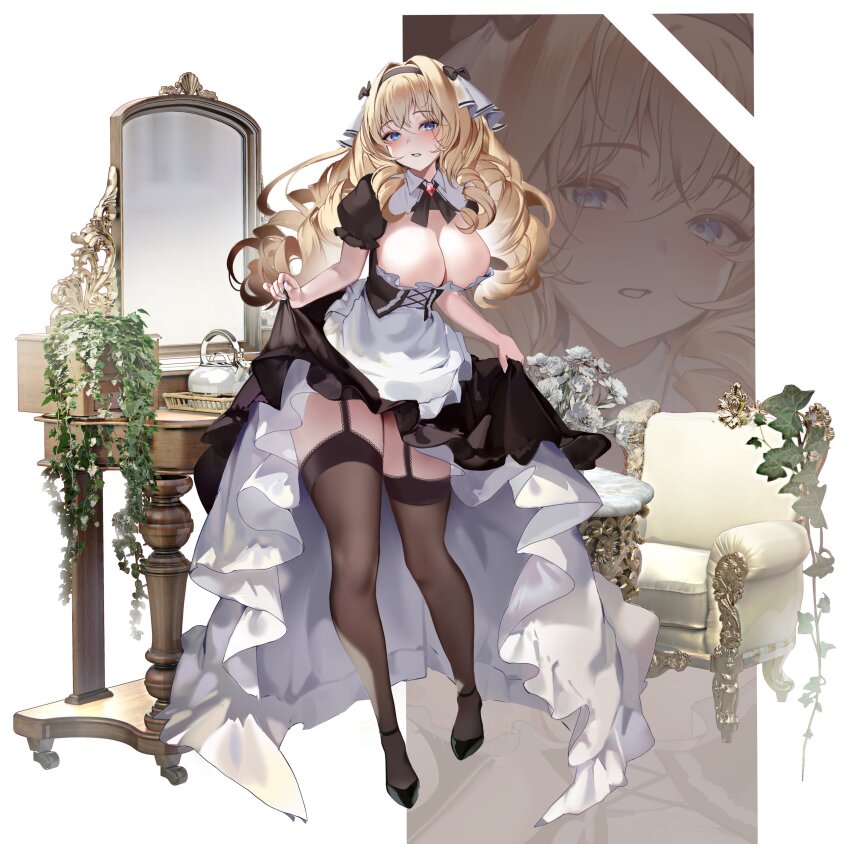 1girl absurdres alternate_costume apron blonde_hair blue_eyes blush breasts chair cleavage clothes_lift collar corset crown_(nikke) dress dress_lift drill_hair frilled_dress frills full_body garter_straps goddess_of_victory:_nikke hair_between_eyes headband high_heels highres large_breasts long_hair looking_at_viewer maid_apron mirror plant ribbon solo standing teapot thighhighs uyuri_(89976220) white_background zoom_layer