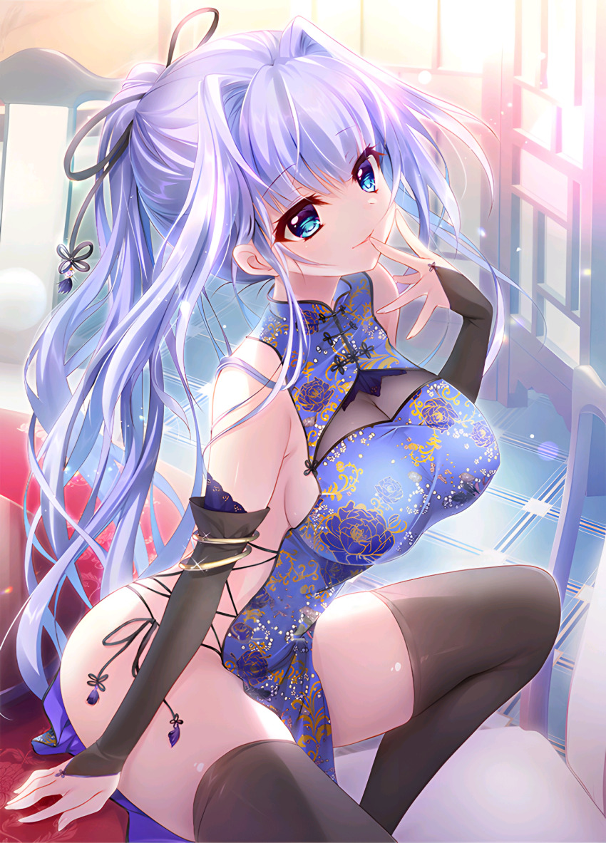 1girl 9-nine- arm_support ass back_cutout bare_shoulders black_gloves black_ribbon black_thighhighs blue_collar blue_dress blue_eyes blue_flower blue_hair blue_rose blunt_bangs breasts chair china_dress chinese_clothes cleavage clothing_cutout collar color_issue dress elbow_gloves eyelashes finger_to_mouth fingerless_gloves fingernails floral_print flower gloves hair_intakes head_tilt highres indoors izumi_tsubasu kousaka_haruka large_breasts long_hair looking_at_viewer no_bra official_art on_table open_hand parted_lips ponytail ribbon ribbon-trimmed_dress ribbon_hair ribbon_trim rose sideboob sidelocks sitting sitting_on_table smile solo sparkle sunlight table tassel thighhighs thighs third-party_edit very_long_hair