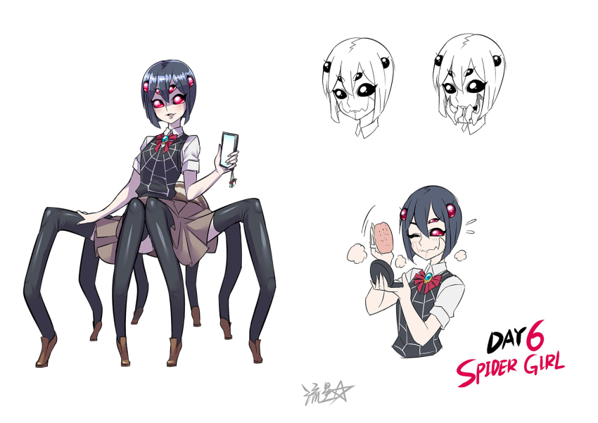 1girl arthropod_girl black_hair bob_cut bow brooch brown_footwear brown_skirt bug cellphone commentary compact_(cosmetics) cosmetics english_commentary english_text extra_eyes fly holding holding_phone insect insect_girl jewelry multiple_legs original phone powder powder_puff red_eyes ryuusei_(mark_ii) shirt shoes short_hair short_sleeves simple_background skirt smartphone spider_girl spider_web_print vest white_background